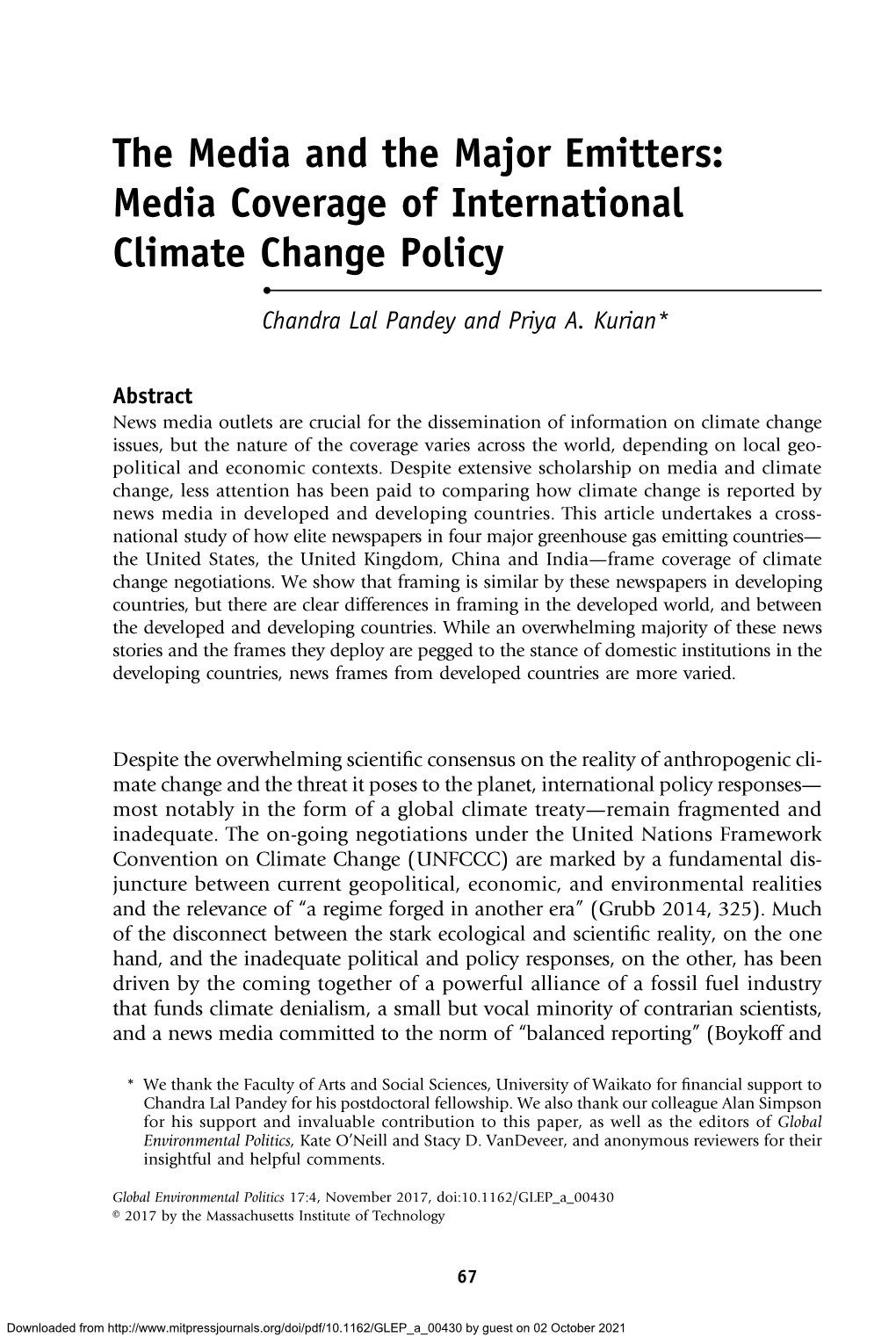 Media Coverage of International Climate Change Policy • Chandra Lal Pandey and Priya A