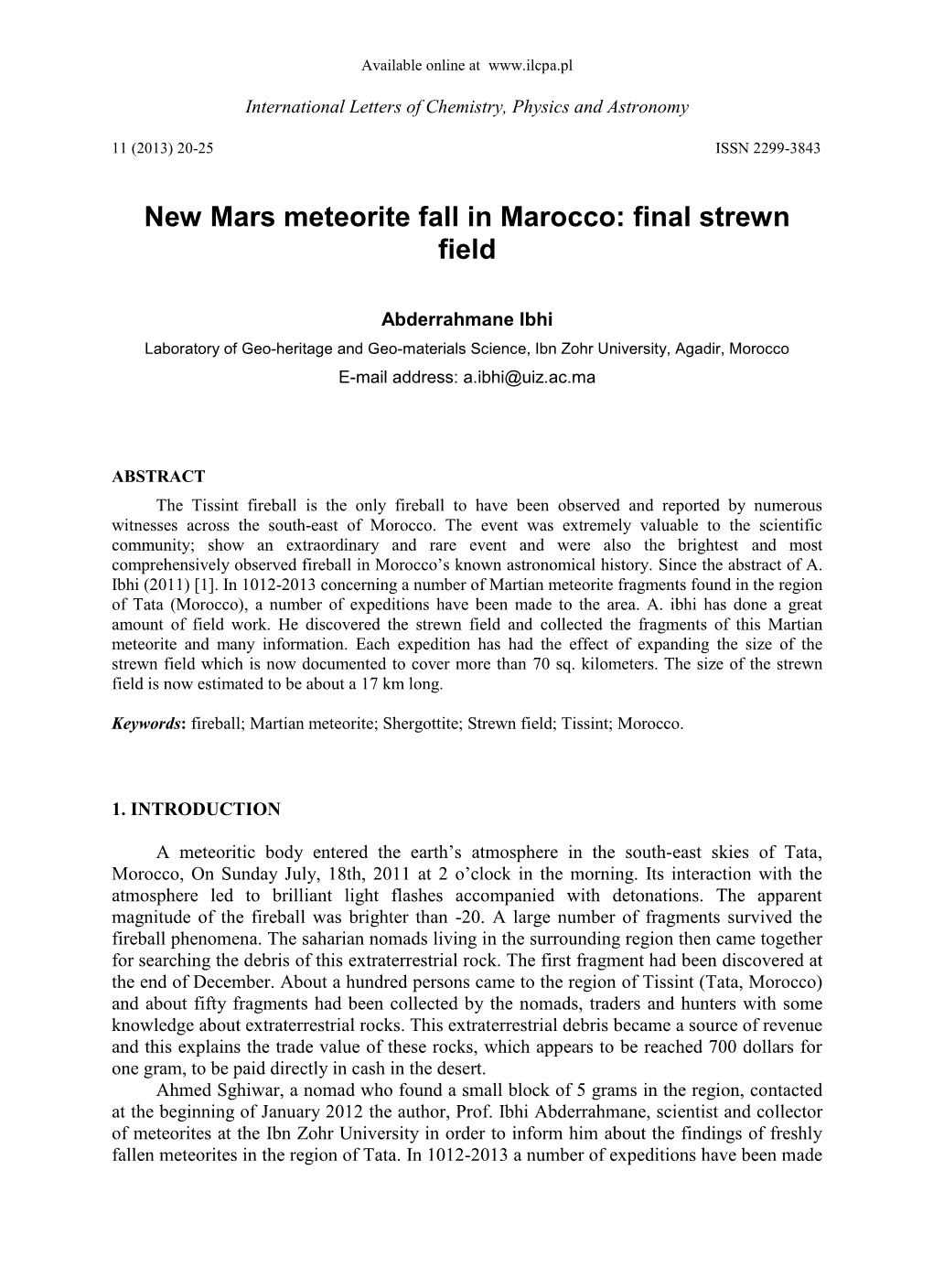 New Mars Meteorite Fall in Marocco: Final Strewn Field