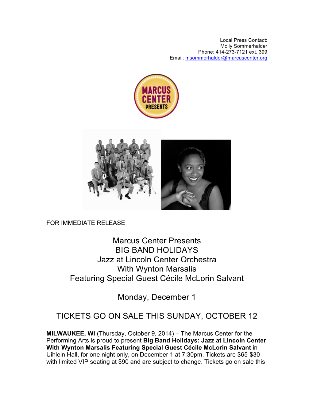 Marcus Center Presents BIG BAND HOLIDAYS Jazz at Lincoln Center Orchestra with Wynton Marsalis Featuring Special Guest Cécile Mclorin Salvant