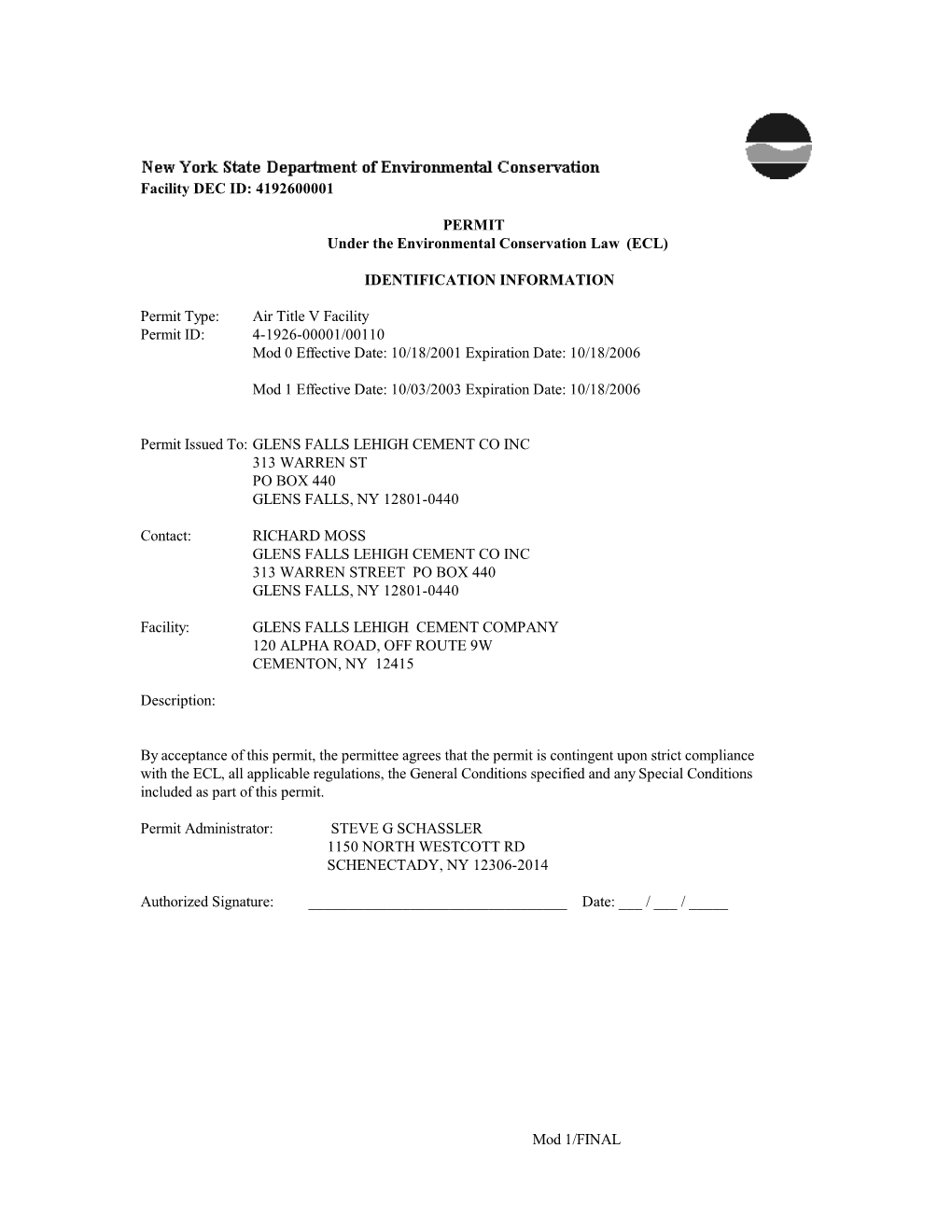 Facility DEC ID: 4192600001 PERMIT Under the Environmental