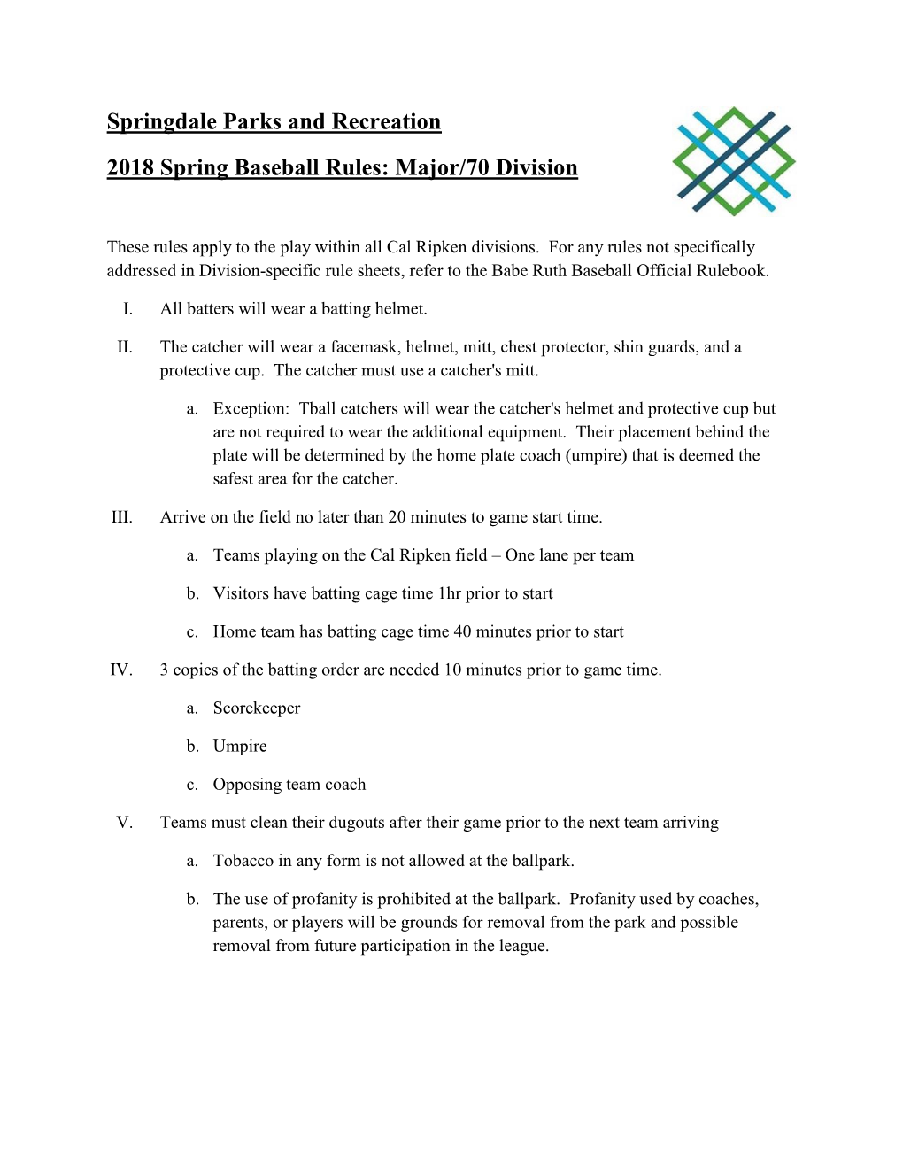 Springdale Parks and Recreation 2018 Spring Baseball Rules: Major