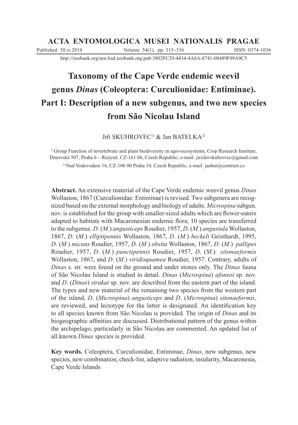 Taxonomy of the Cape Verde Endemic Weevil Genus Dinas (Coleoptera: Curculionidae: Entiminae)