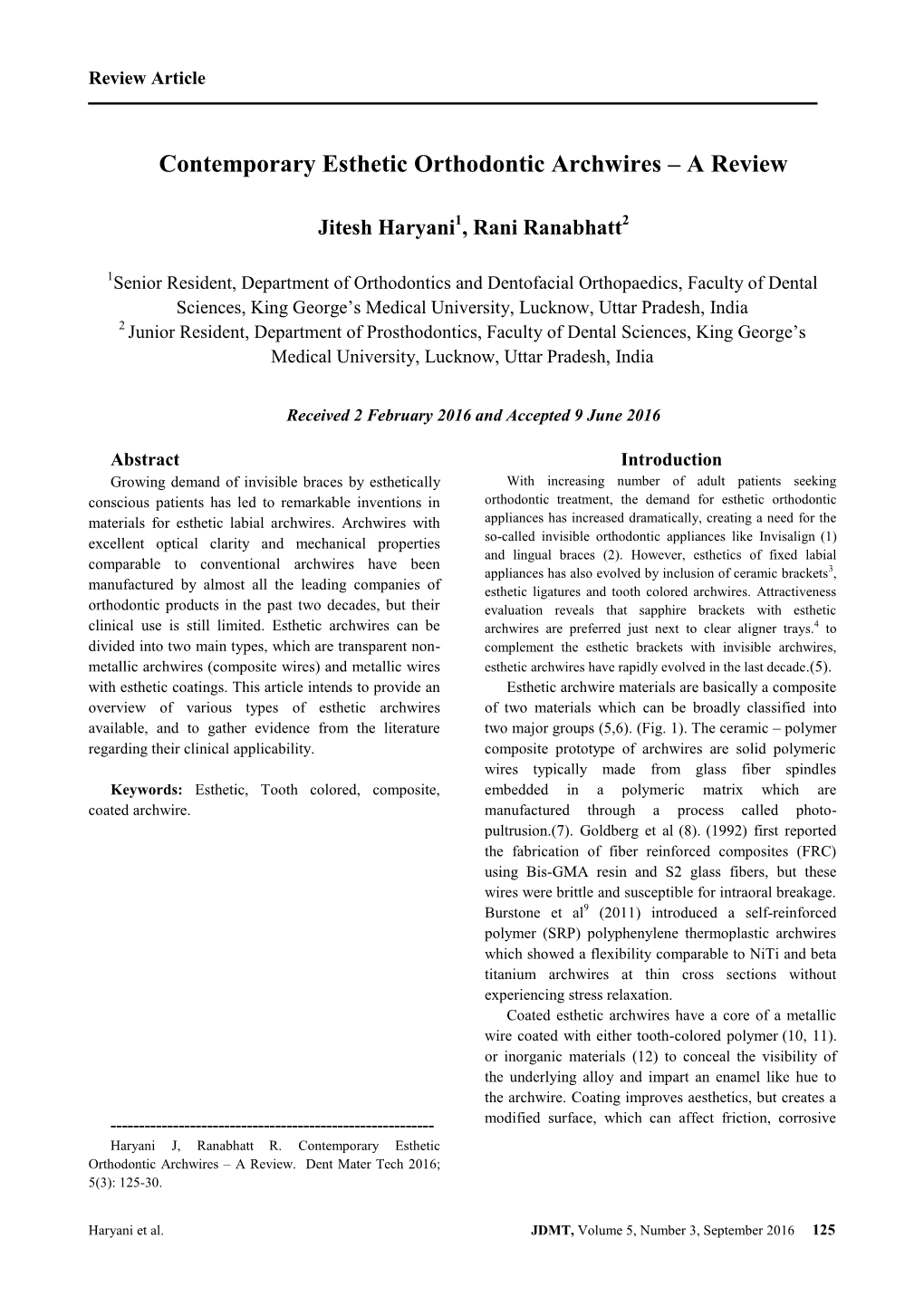 Contemporary Esthetic Orthodontic Archwires – a Review