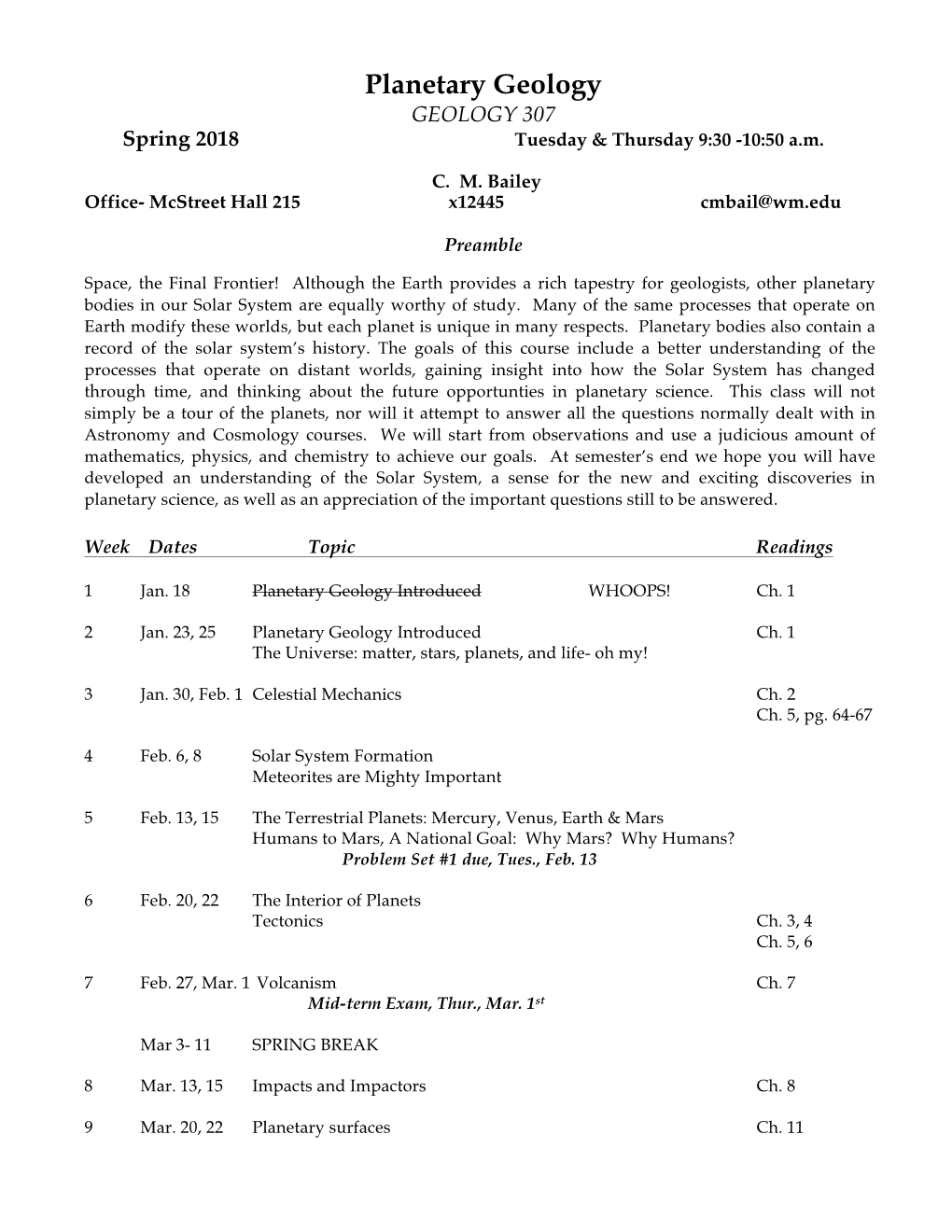 Planetary Geology GEOLOGY 307 Spring 2018 Tuesday & Thursday 9:30 -10:50 A.M