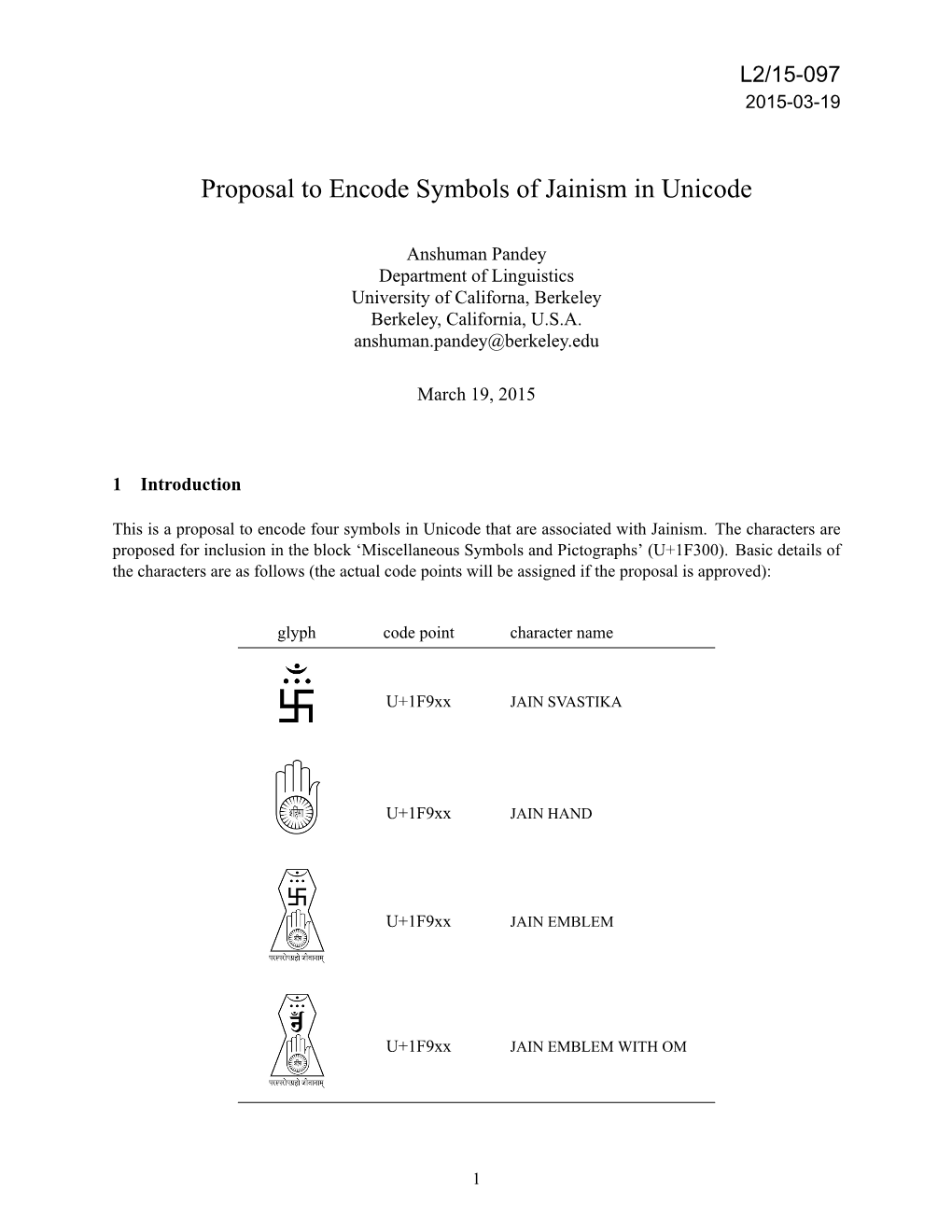 Proposal to Encode Symbols of Jainism in Unicode