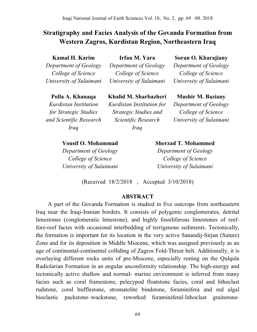 Stratigraphy and Facies Analysis of the Govanda Formation from Western Zagros, Kurdistan Region, Northeastern Iraq