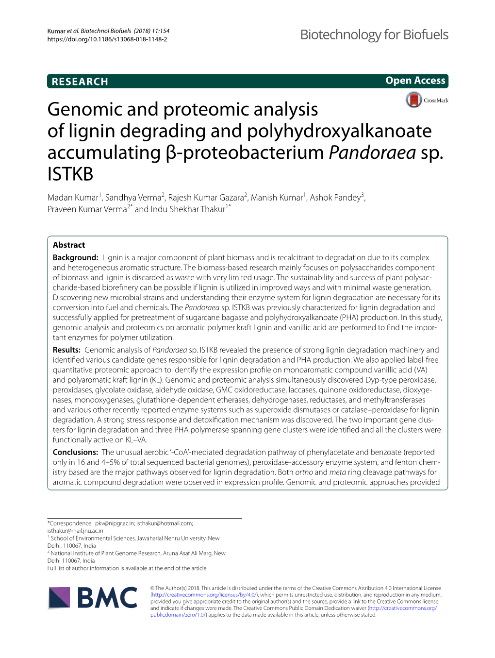 Genomic and Proteomic Analysis of Lignin Degrading and Polyhydroxyalkanoate Accumulating Β‑Proteobacterium Pandoraea Sp
