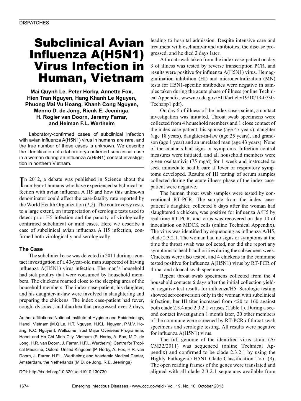 Subclinical Avian Influenza A(H5N1) Virus Infection in Human, Vietnam