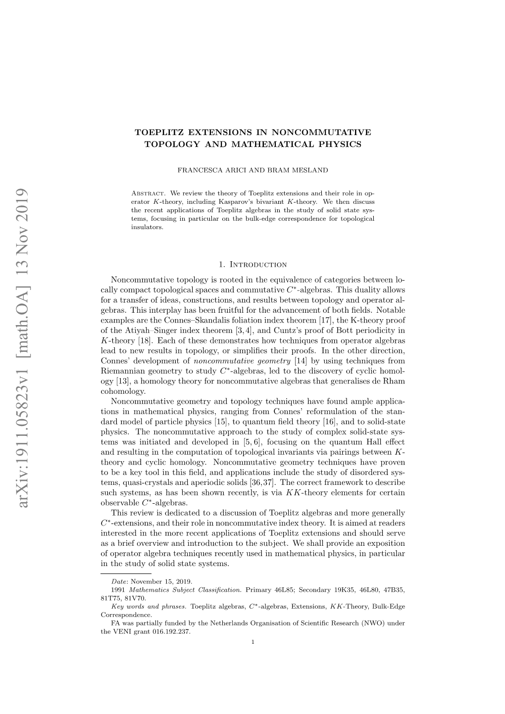 Arxiv:1911.05823V1 [Math.OA] 13 Nov 2019 Al Opc Oooia Pcsadcommutative and Spaces Topological Compact Cally Edt E Eut Ntplg,O Ipie Hi Ros Nteothe the in Study Proofs