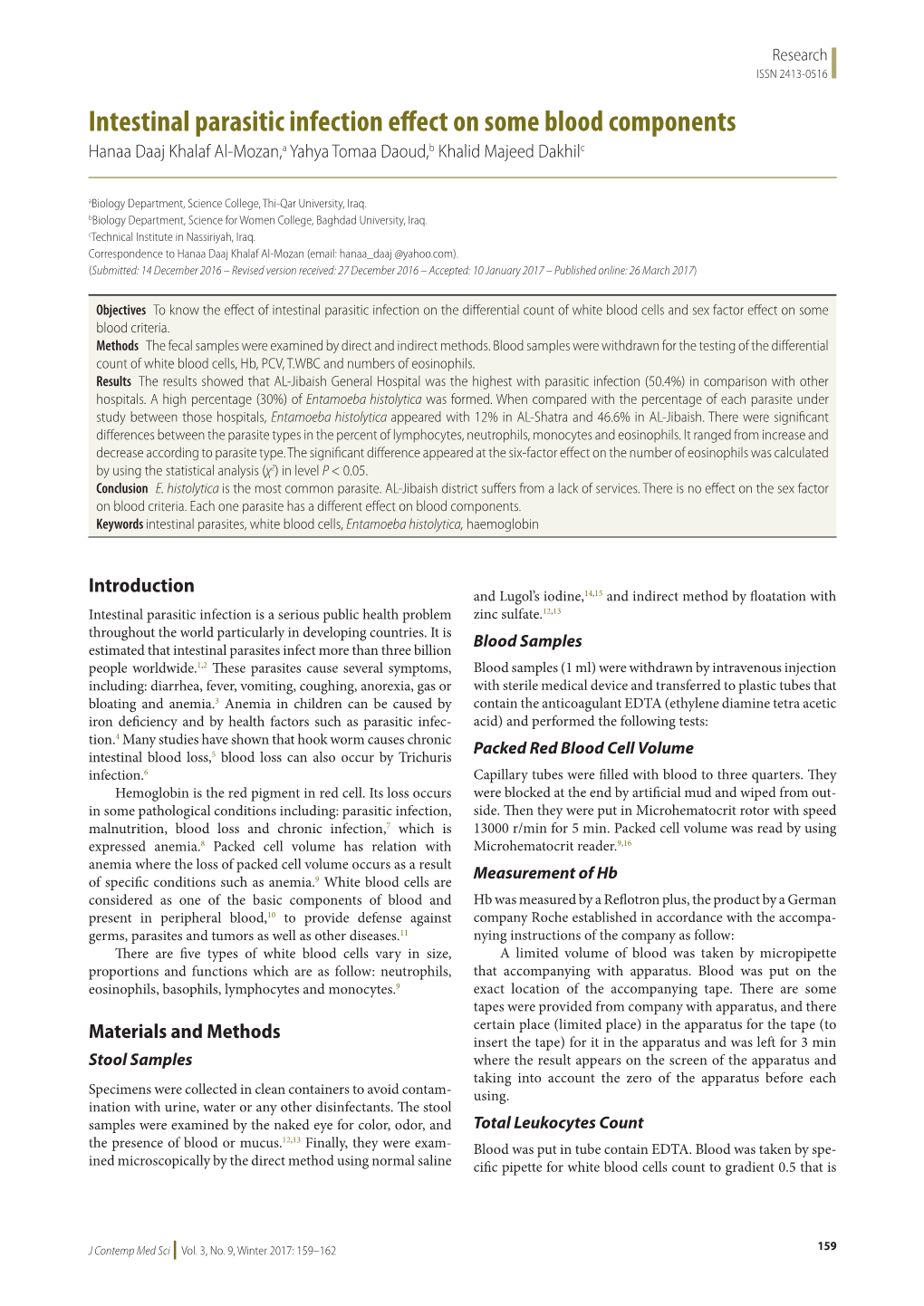 Intestinal Parasitic Infection Effect on Some Blood Components