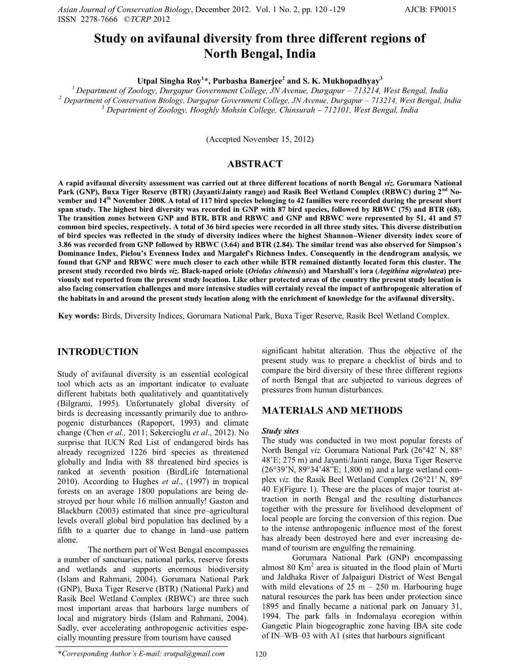 Study on Avifaunal Diversity from Three Different Regions of North Bengal, India