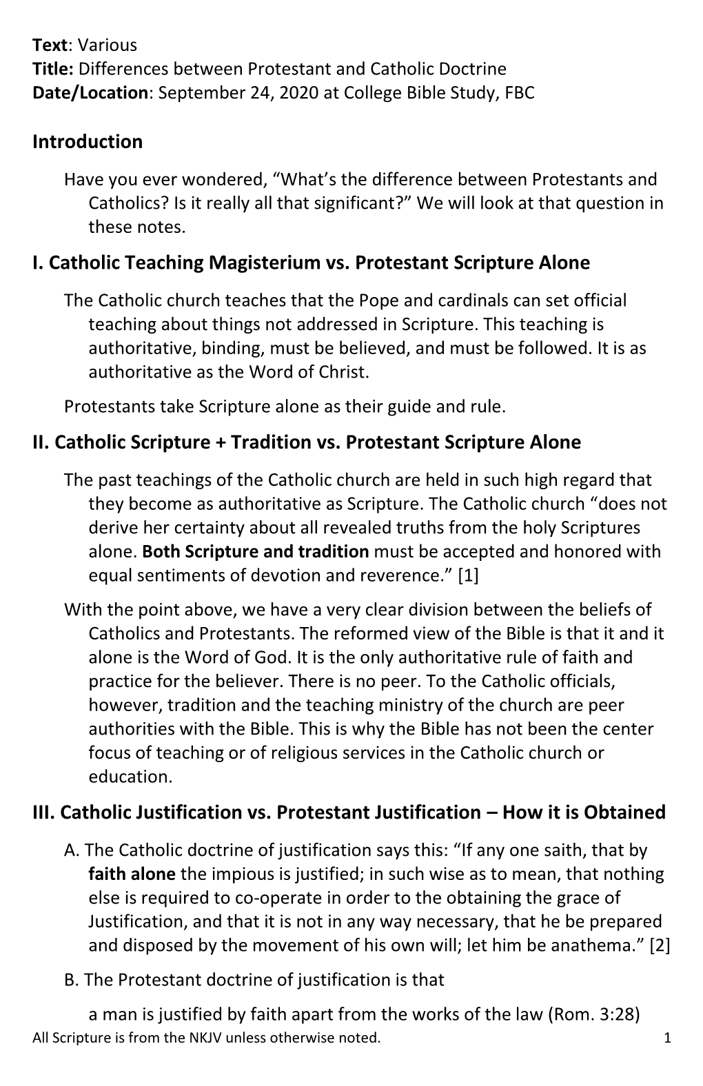 Introduction I. Catholic Teaching Magisterium Vs. Protestant Scripture