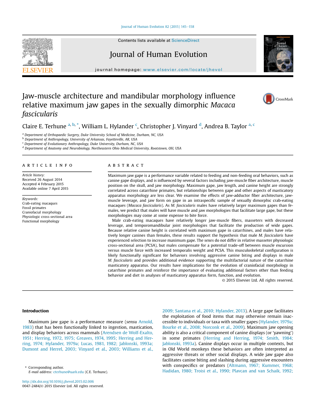 Jaw-Muscle Architecture and Mandibular Morphology Influence Relative Maximum Jaw Gapes in the Sexually Dimorphic Macaca Fascicul