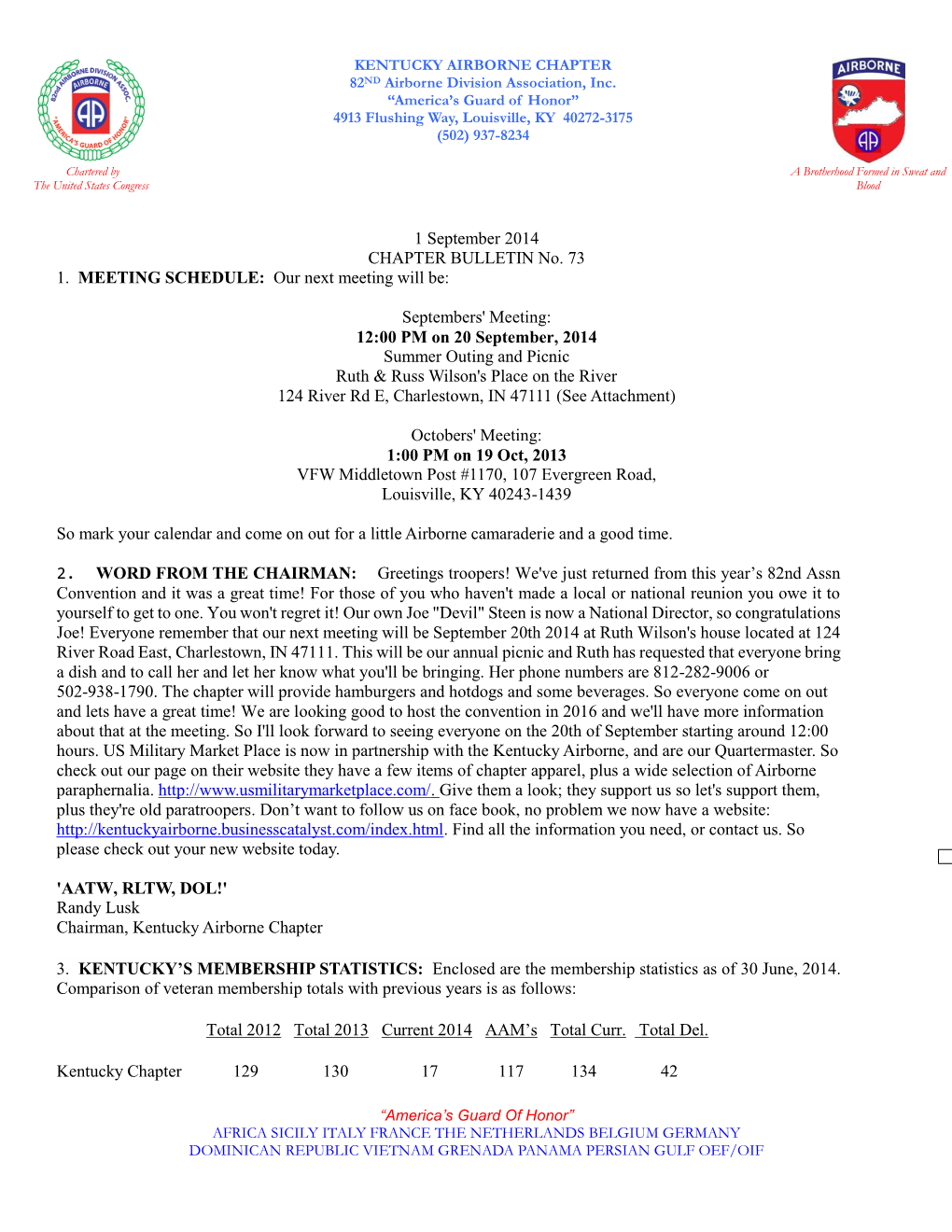 1 September 2014 CHAPTER BULLETIN No. 73 1. MEETING SCHEDULE: Our Next Meeting Will Be