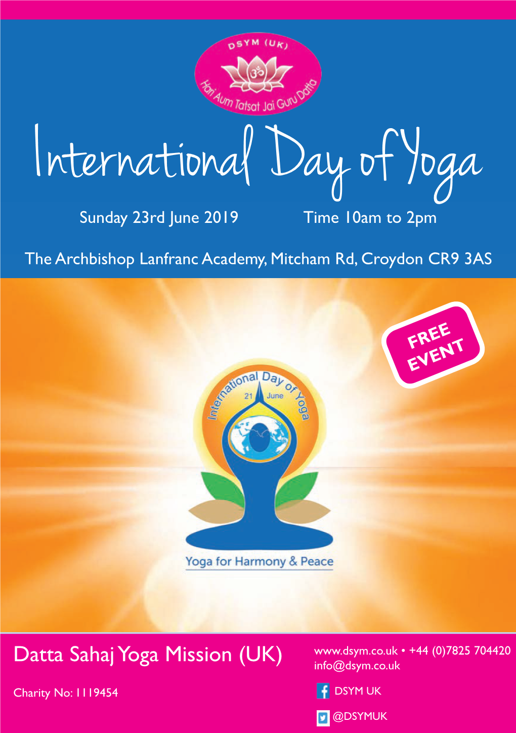 International Day of Yoga Sunday 23Rd June 2019 Time 10Am to 2Pm