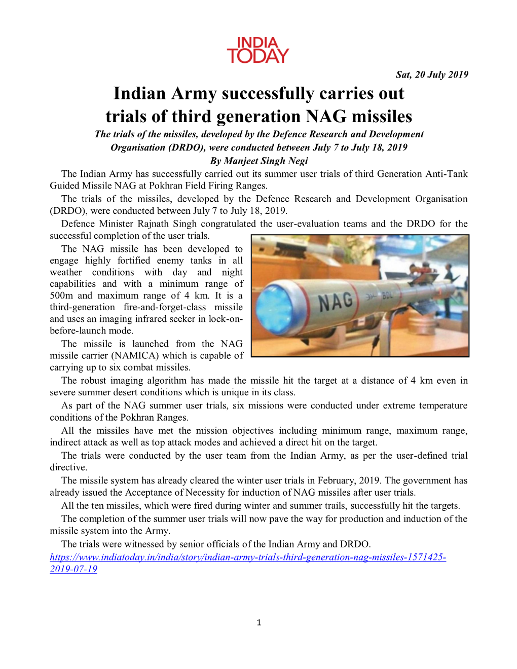 Indian Army Successfully Carries out Trials of Third Generation NAG Missiles