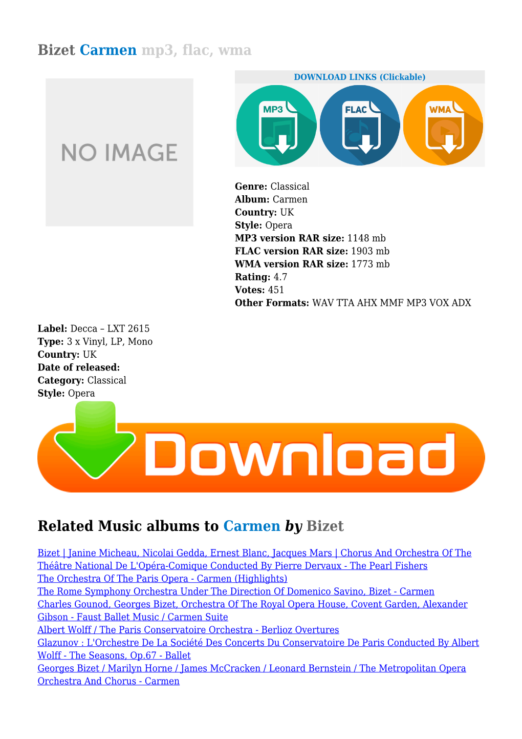 Bizet Carmen Mp3, Flac, Wma Related Music Albums To