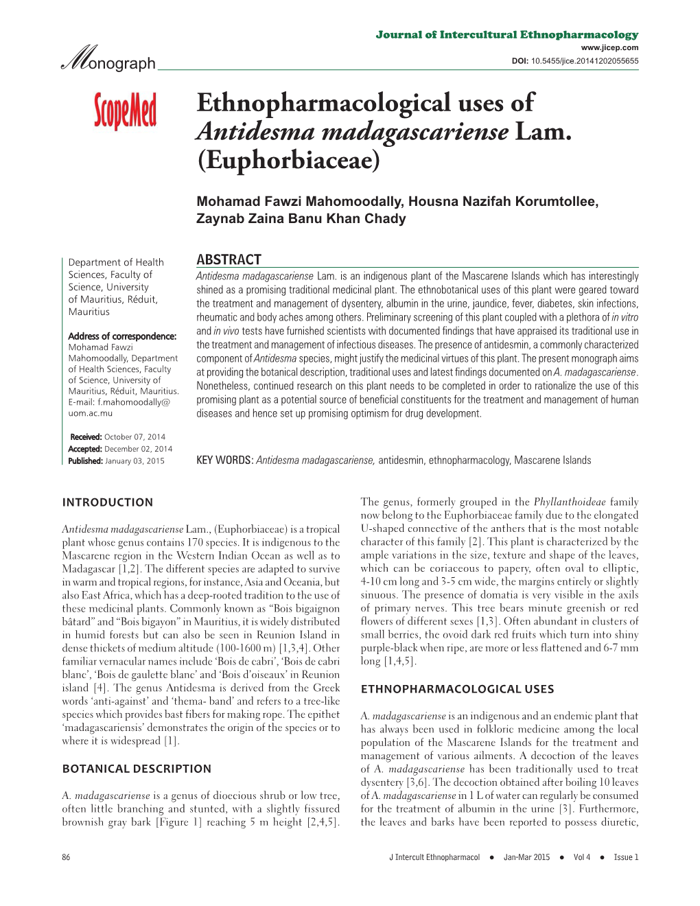 Ethnopharmacological Uses of Antidesma Madagascariense Lam