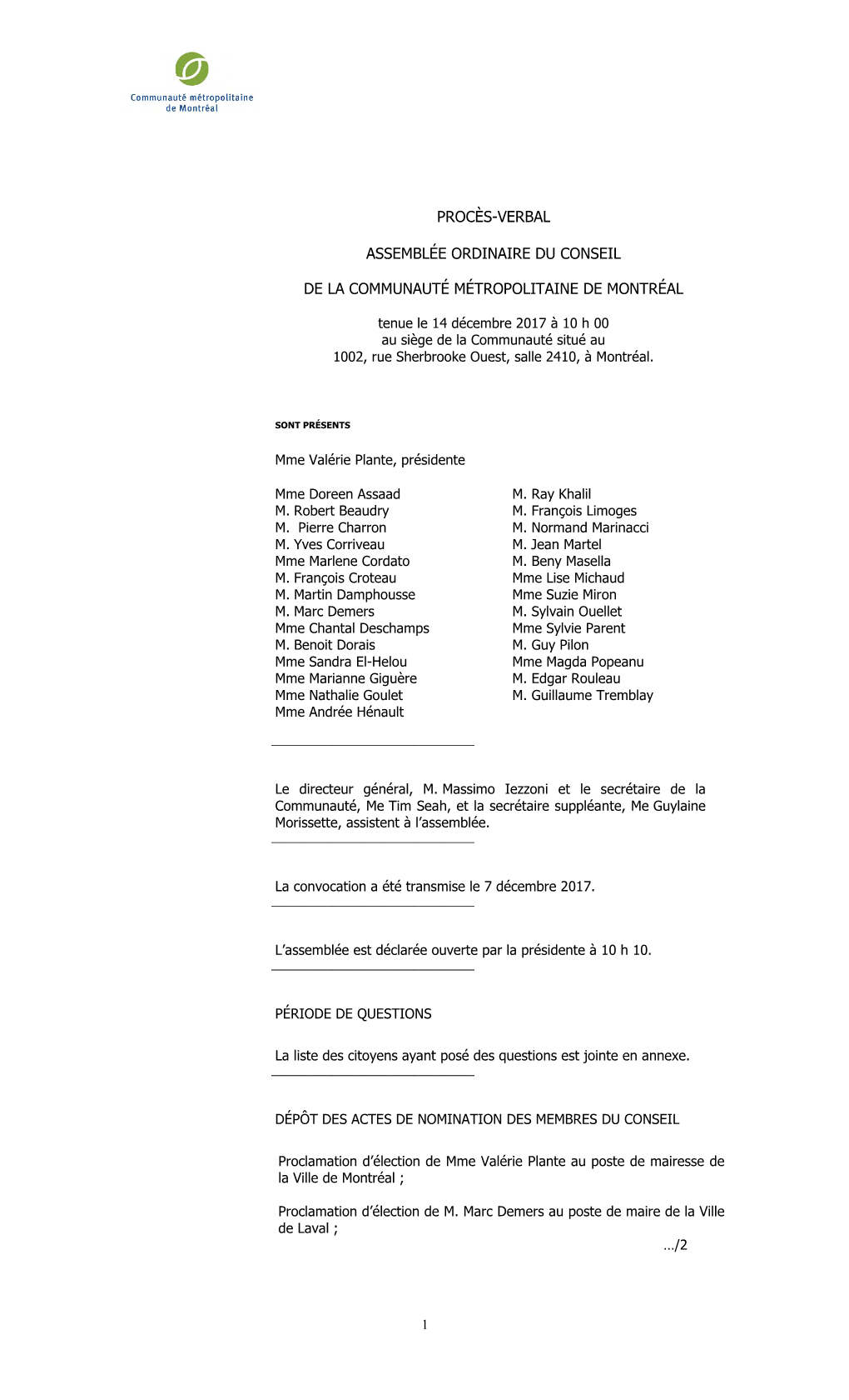 Procès-Verbal De L'assemblée Ordinaire Du Conseil Du 14