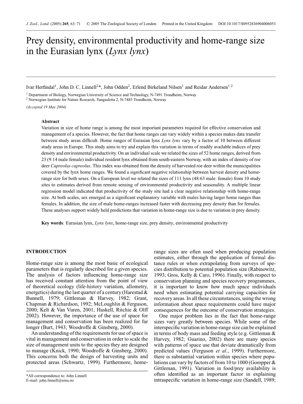 Prey Density, Environmental Productivity and Home-Range Size in the Eurasian Lynx (Lynx Lynx)