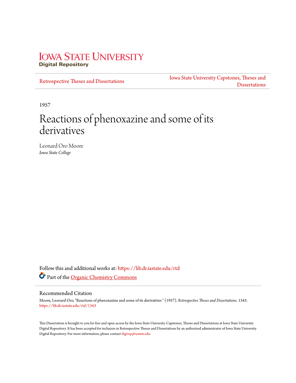 Reactions of Phenoxazine and Some of Its Derivatives Leonard Oro Moore Iowa State College