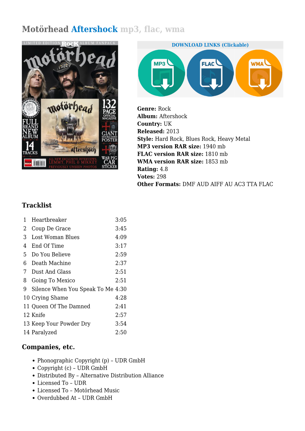 Motörhead Aftershock Mp3, Flac, Wma