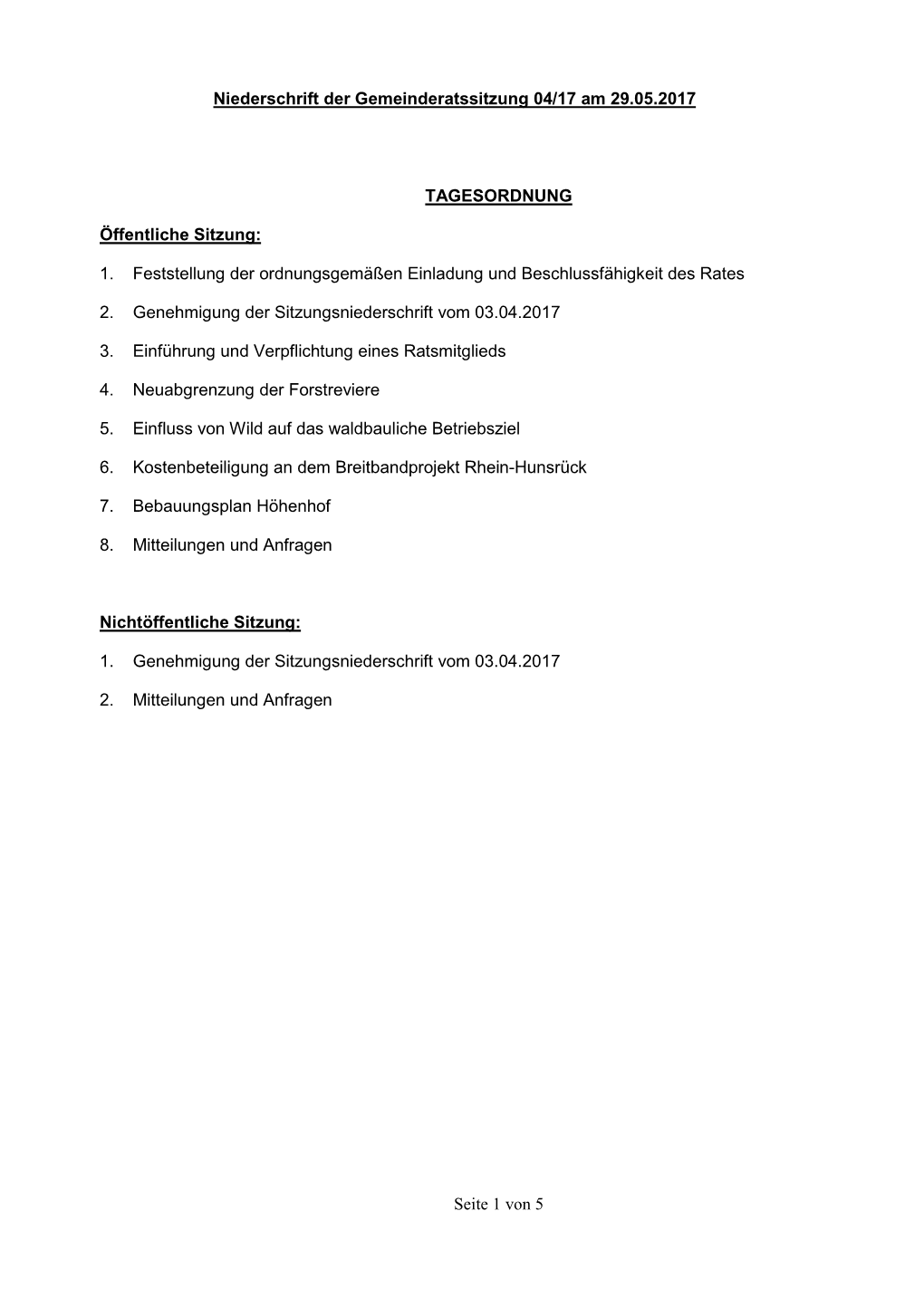 Seite 1 Von 5 Niederschrift Der Gemeinderatssitzung 04/17 Am