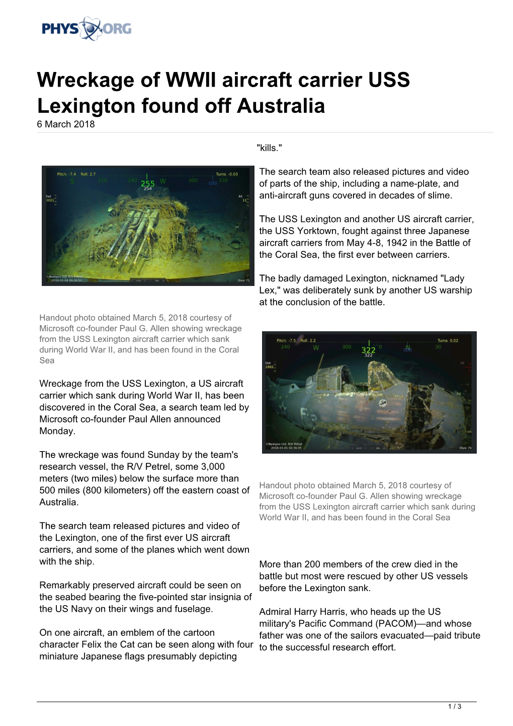 Wreckage of WWII Aircraft Carrier USS Lexington Found Off Australia 6 March 2018
