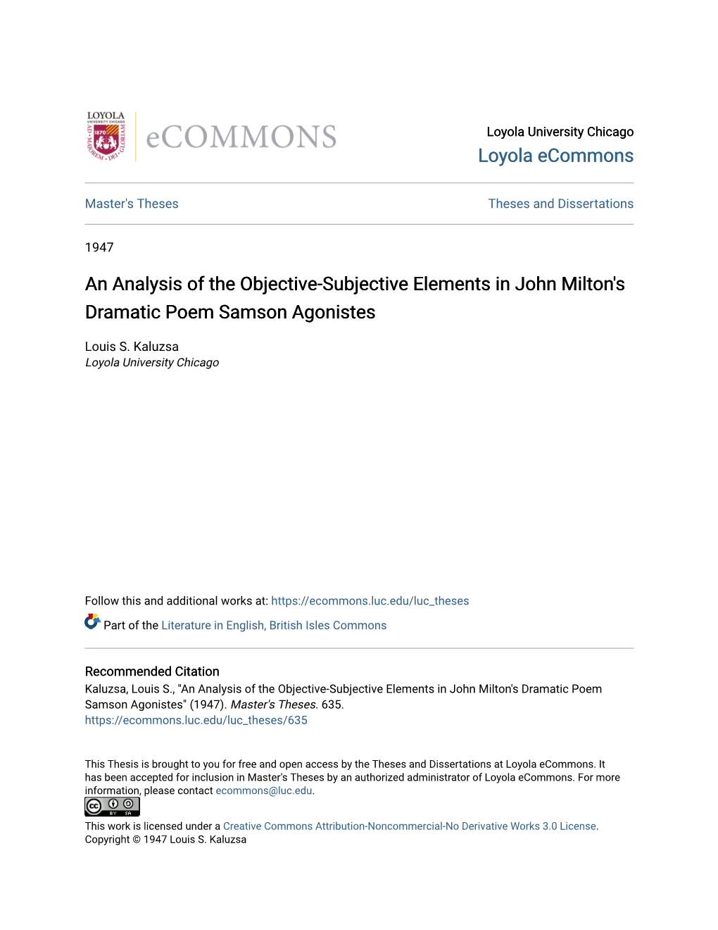 An Analysis of the Objective-Subjective Elements in John Milton's Dramatic Poem Samson Agonistes