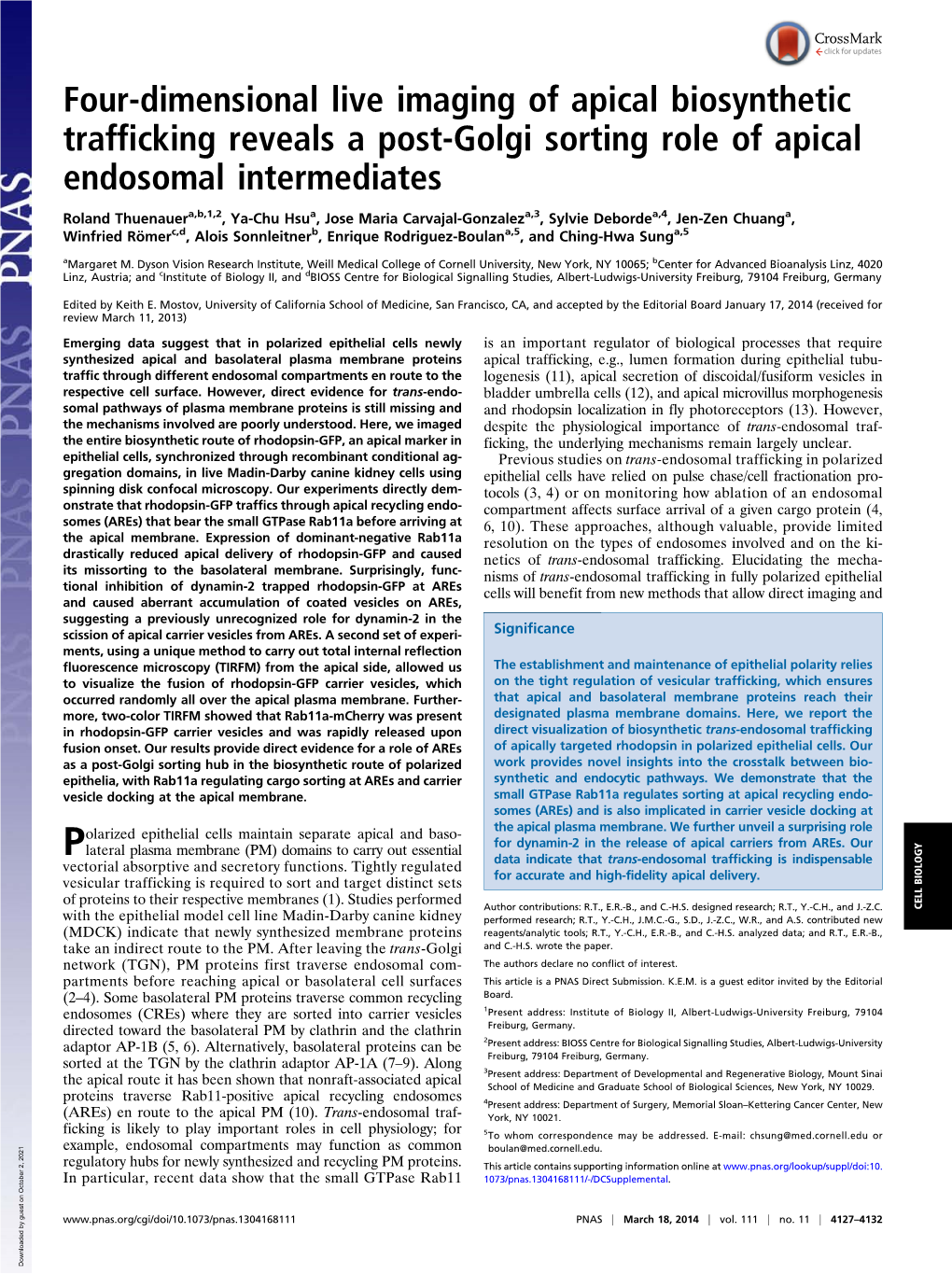 Four-Dimensional Live Imaging of Apical Biosynthetic Trafficking Reveals a Post-Golgi Sorting Role of Apical Endosomal Intermediates