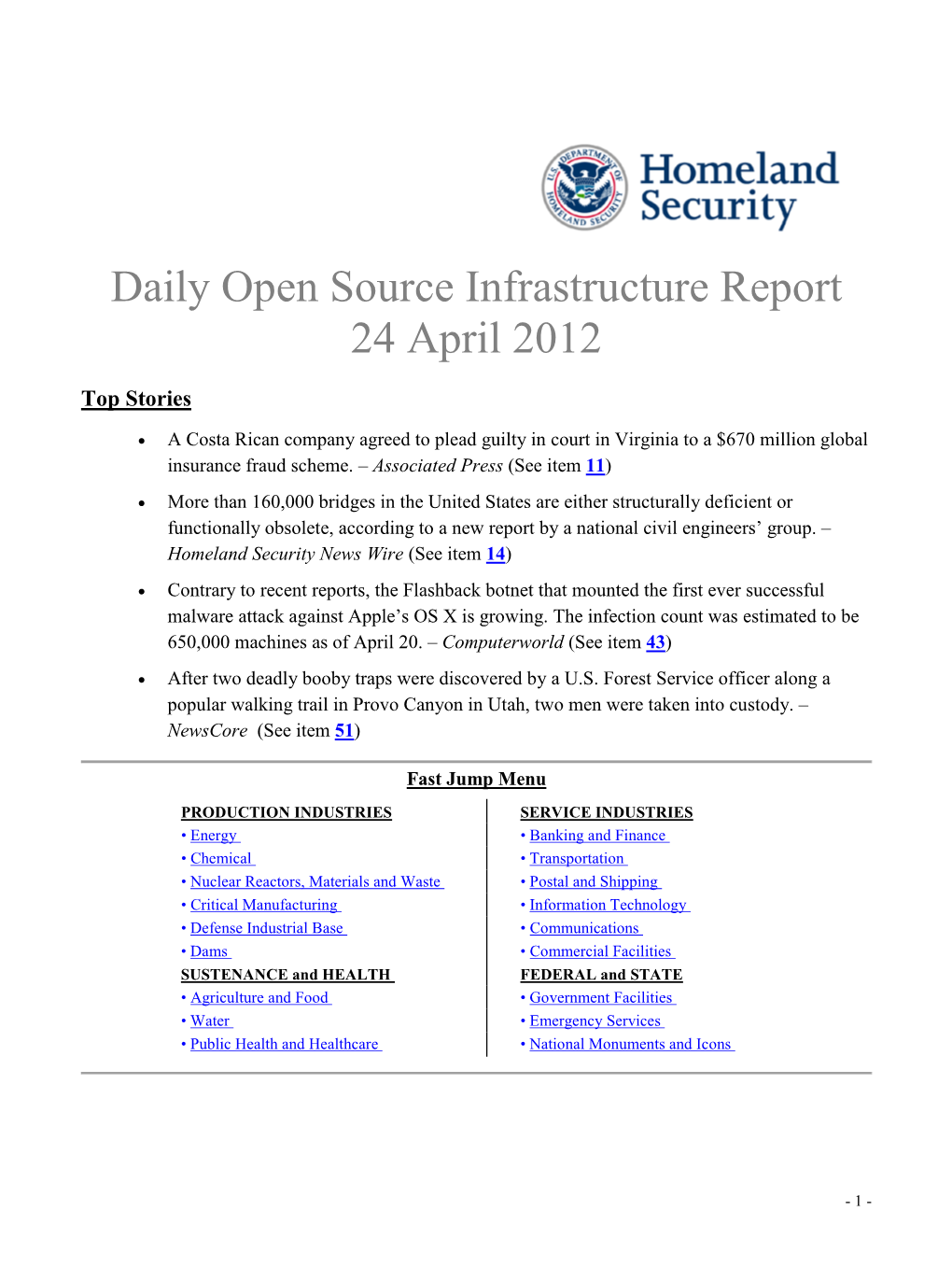Department of Homeland Security Daily Open Source Infrastructure