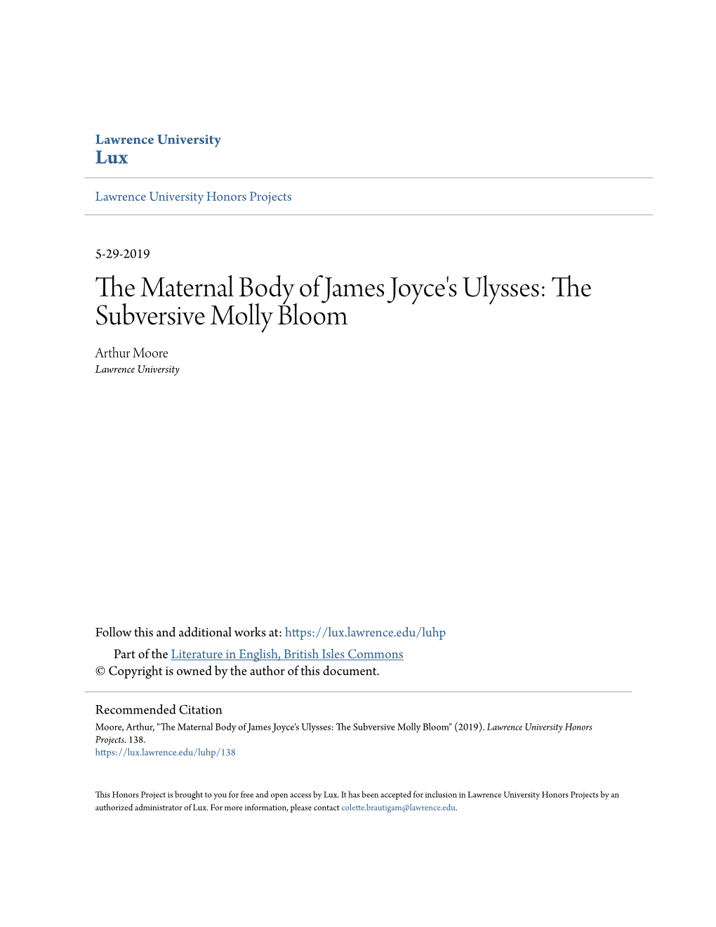 The Maternal Body of James Joyce's Ulysses: the Subversive Molly Bloom