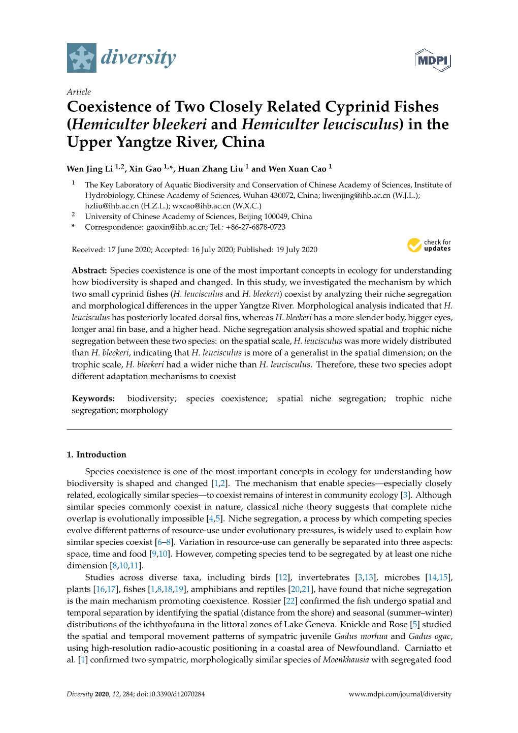 Coexistence of Two Closely Related Cyprinid Fishes (Hemiculter Bleekeri and Hemiculter Leucisculus) in the Upper Yangtze River, China