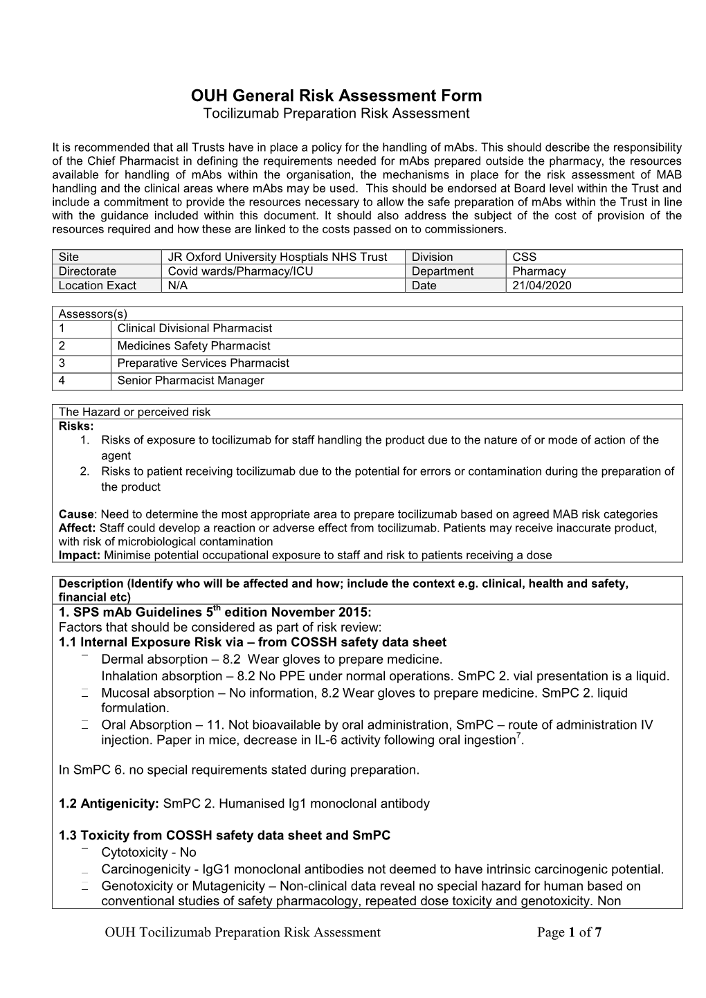 Tocilizumab Preparation Risk Assessment