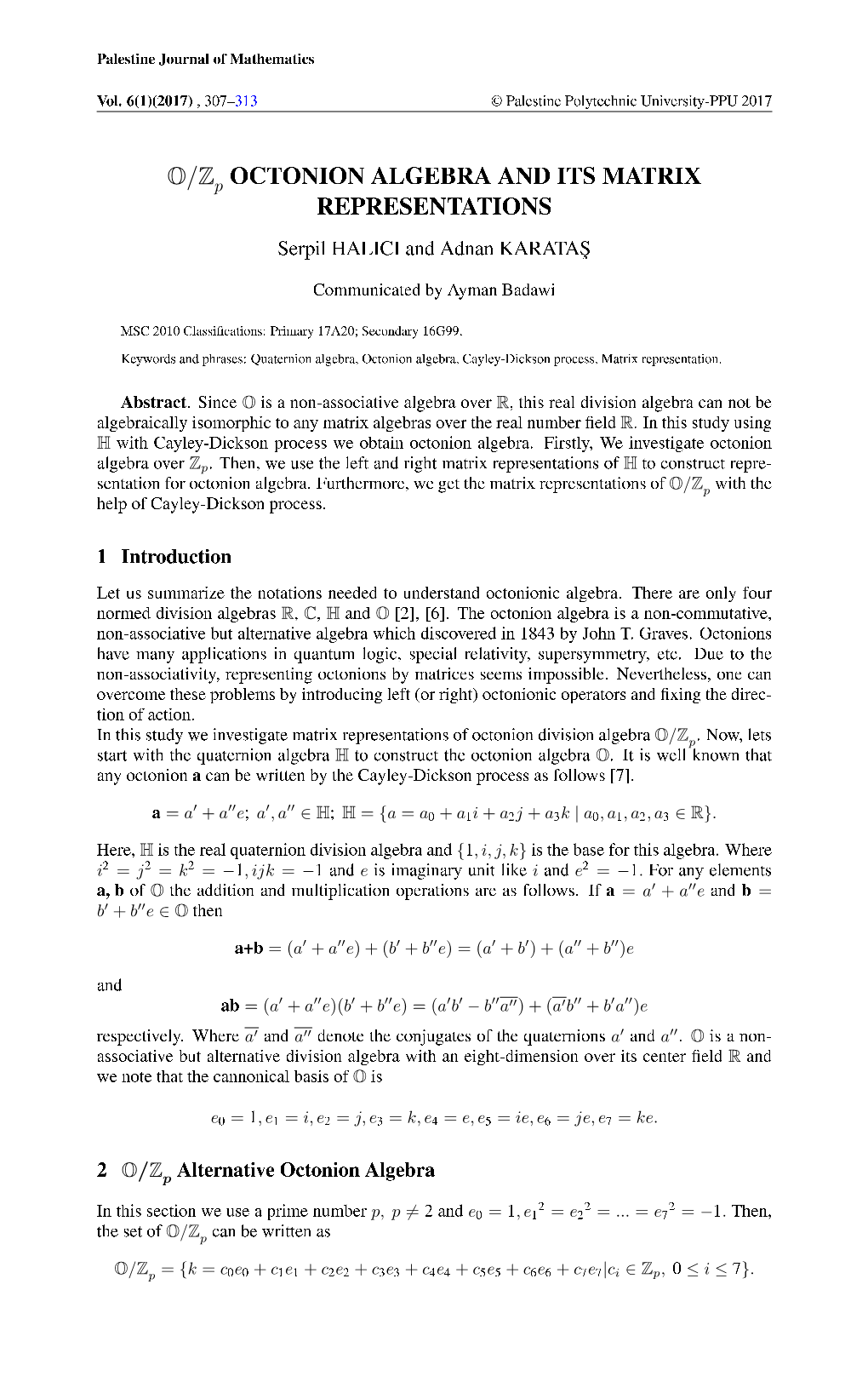 O/Zp OCTONION ALGEBRA and ITS MATRIX REPRESENTATIONS