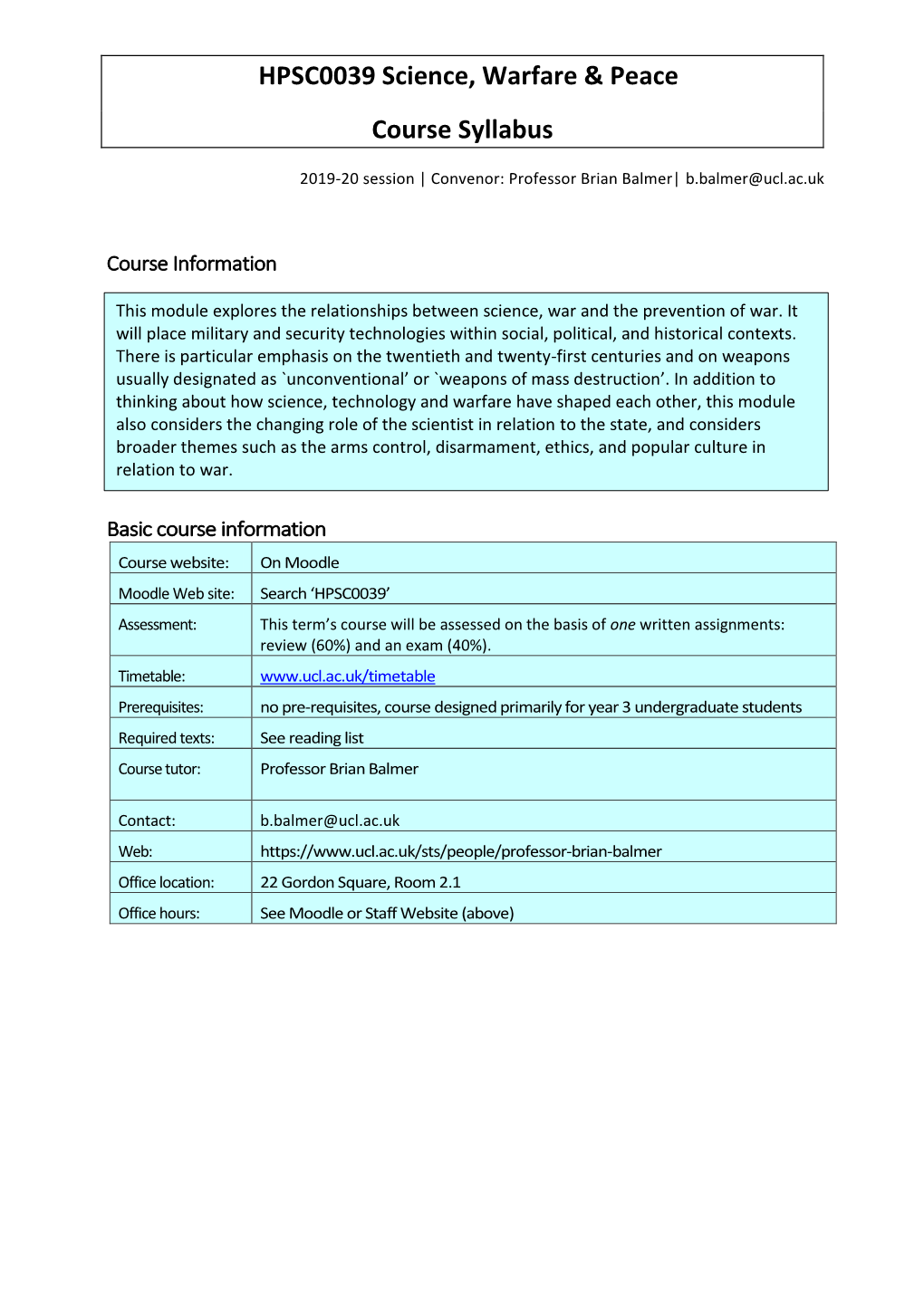 HPSC0039 Science, Warfare & Peace Course Syllabus