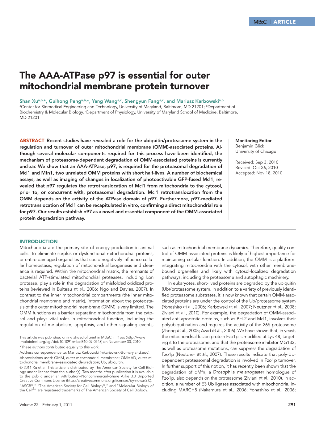 The AAA-Atpase P97 Is Essential for Outer Mitochondrial Membrane Protein Turnover