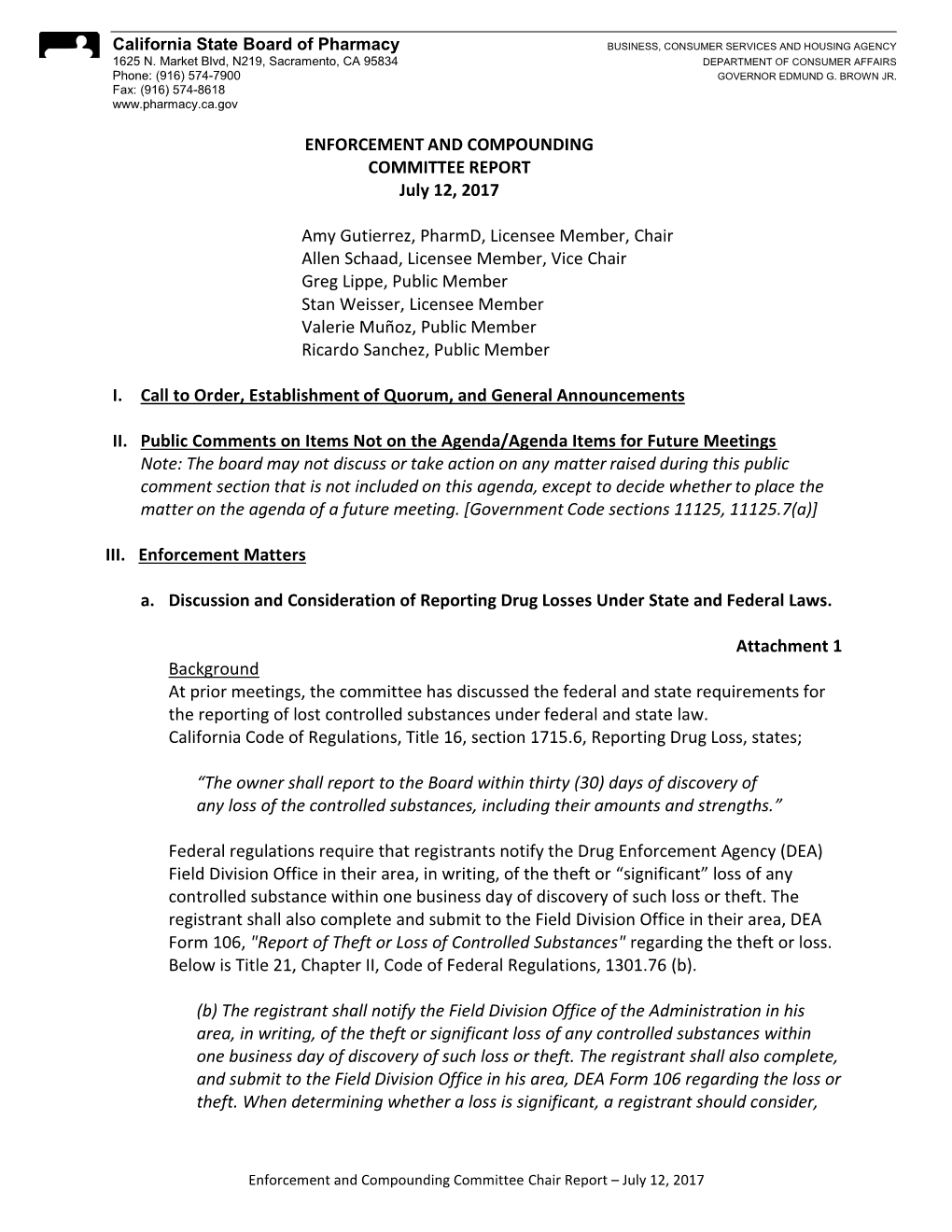 ENFORCEMENT and COMPOUNDING COMMITTEE REPORT July 12, 2017