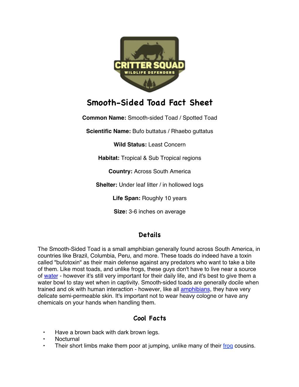 Smooth-Sided Toad Fact Sheet