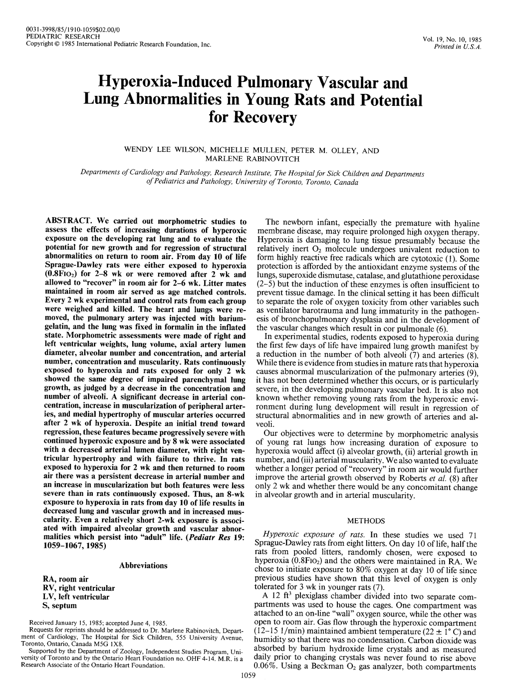 Hyperoxia-Induced Pulmonary Vascular and Lung Abnormalities in Young Rats and Potential for Recovery