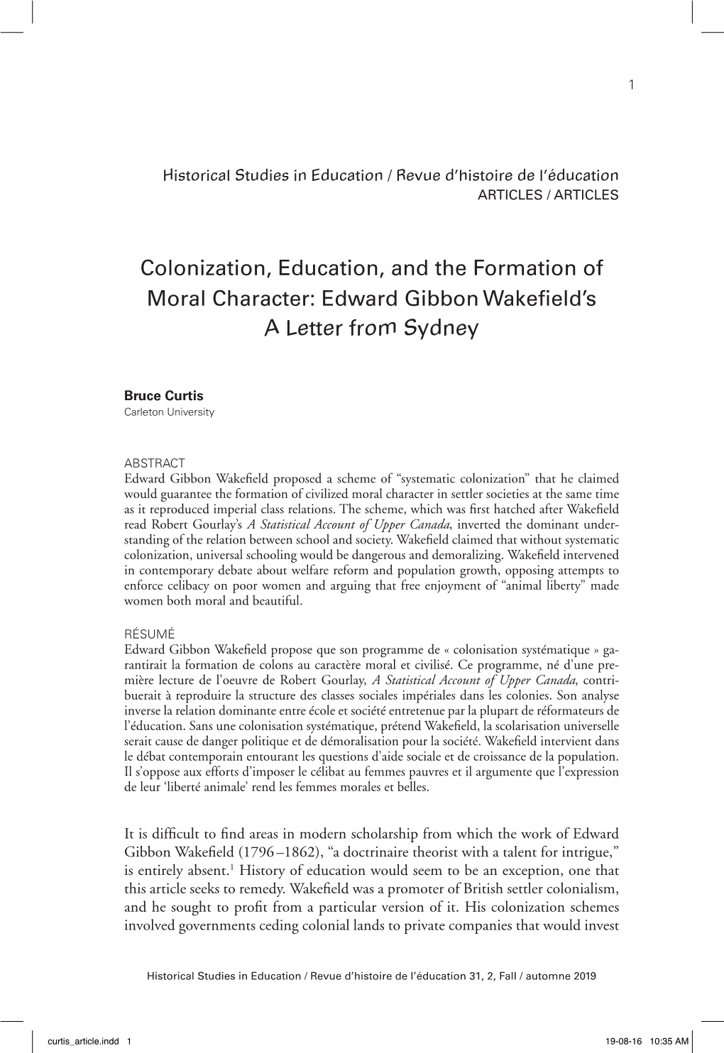 Colonization, Education, and the Formation of Moral Character: Edward Gibbon Wakefield's a Letter from Sydney