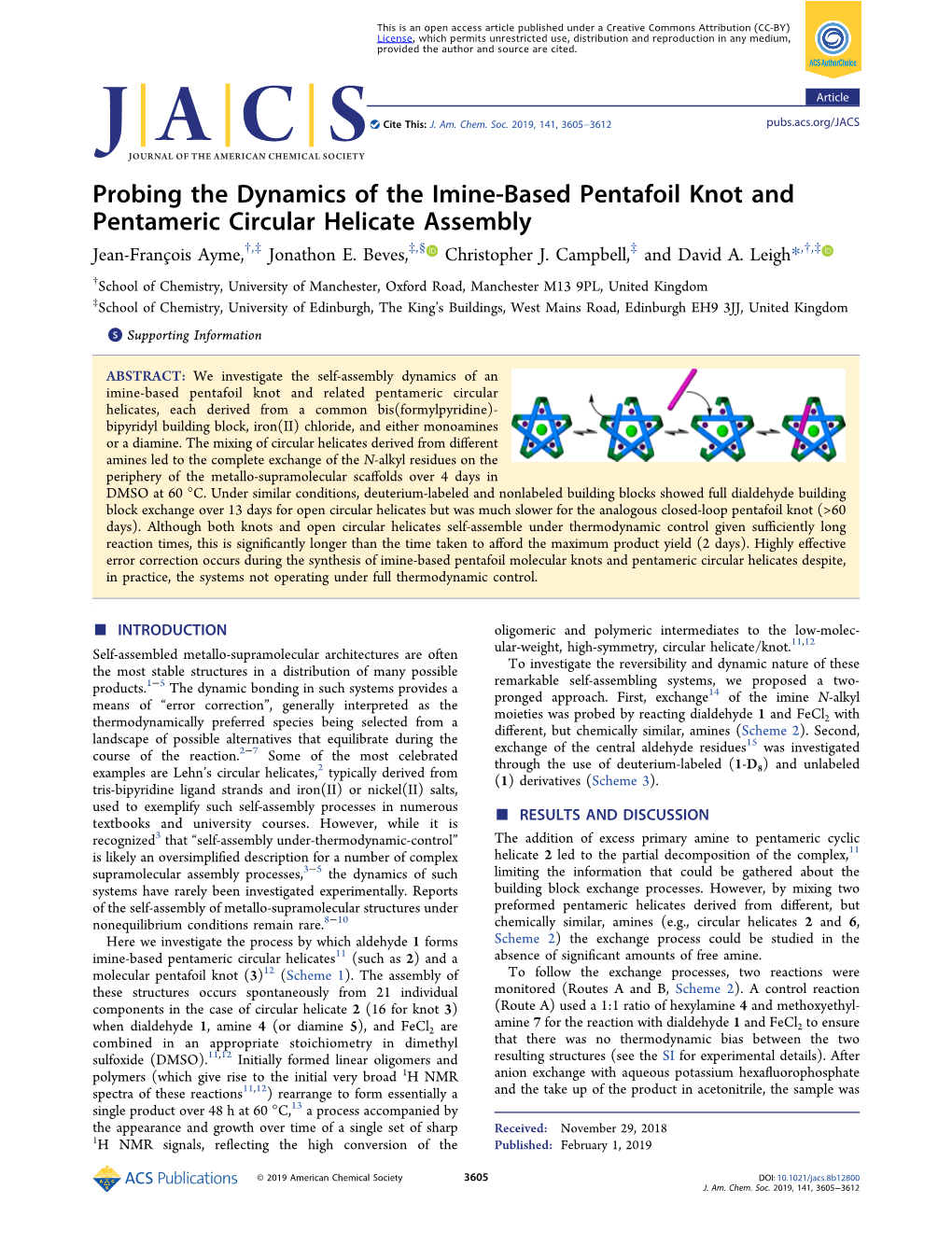 Probing the Dynamics of the Imine-Based Pentafoil Knot and Pentameric Circular Helicate Assembly † ‡ ‡ § ‡ † ‡ Jean-Francoiş Ayme, , Jonathon E