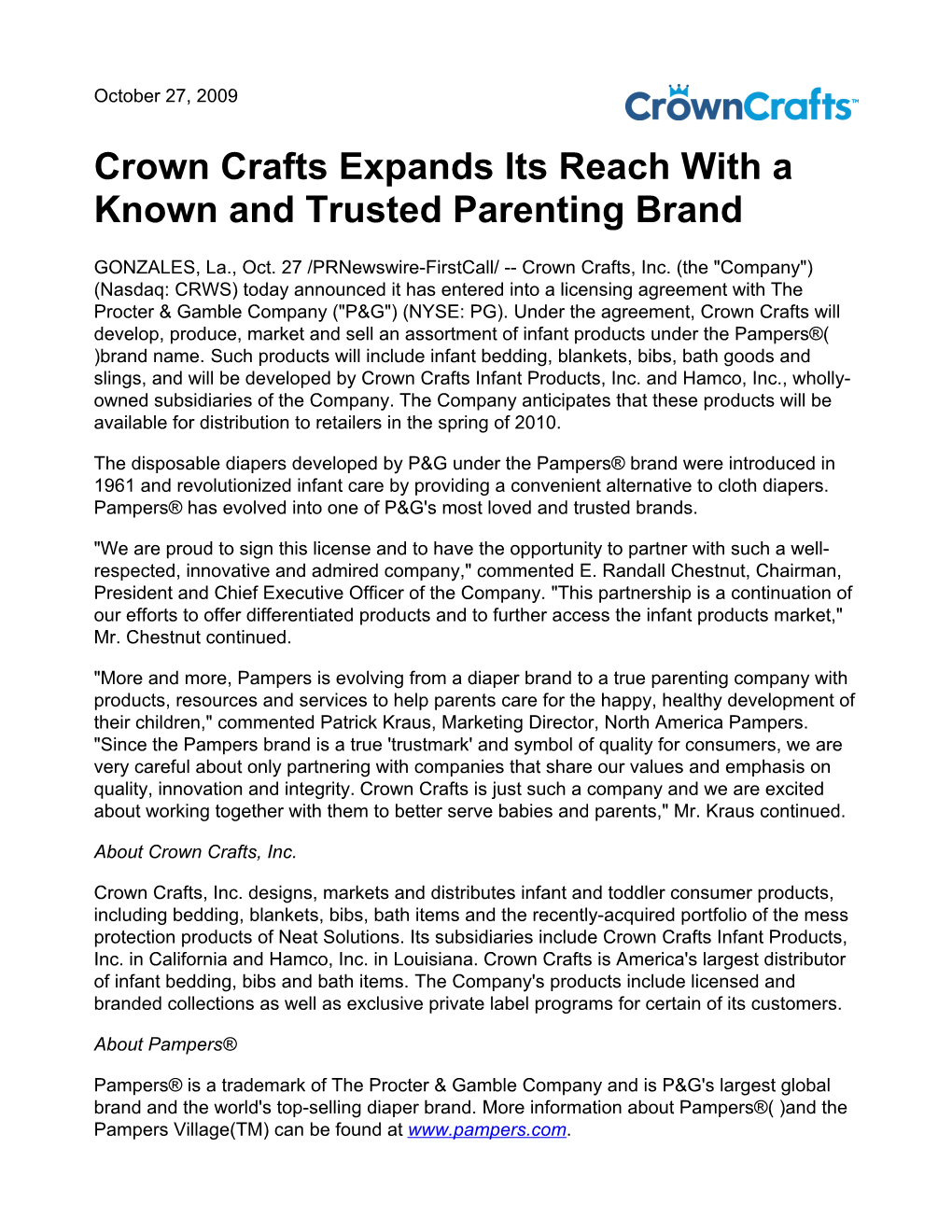 Crown Crafts Expands Its Reach with a Known and Trusted Parenting Brand
