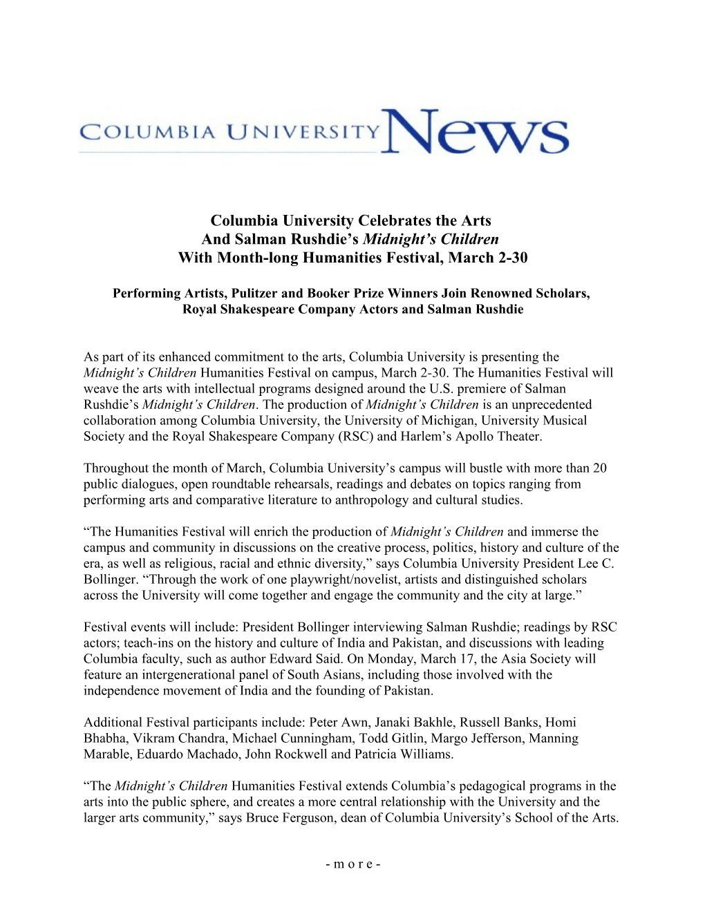 Columbia University Celebrates the Arts and Salman Rushdie S Midnight S Children Through