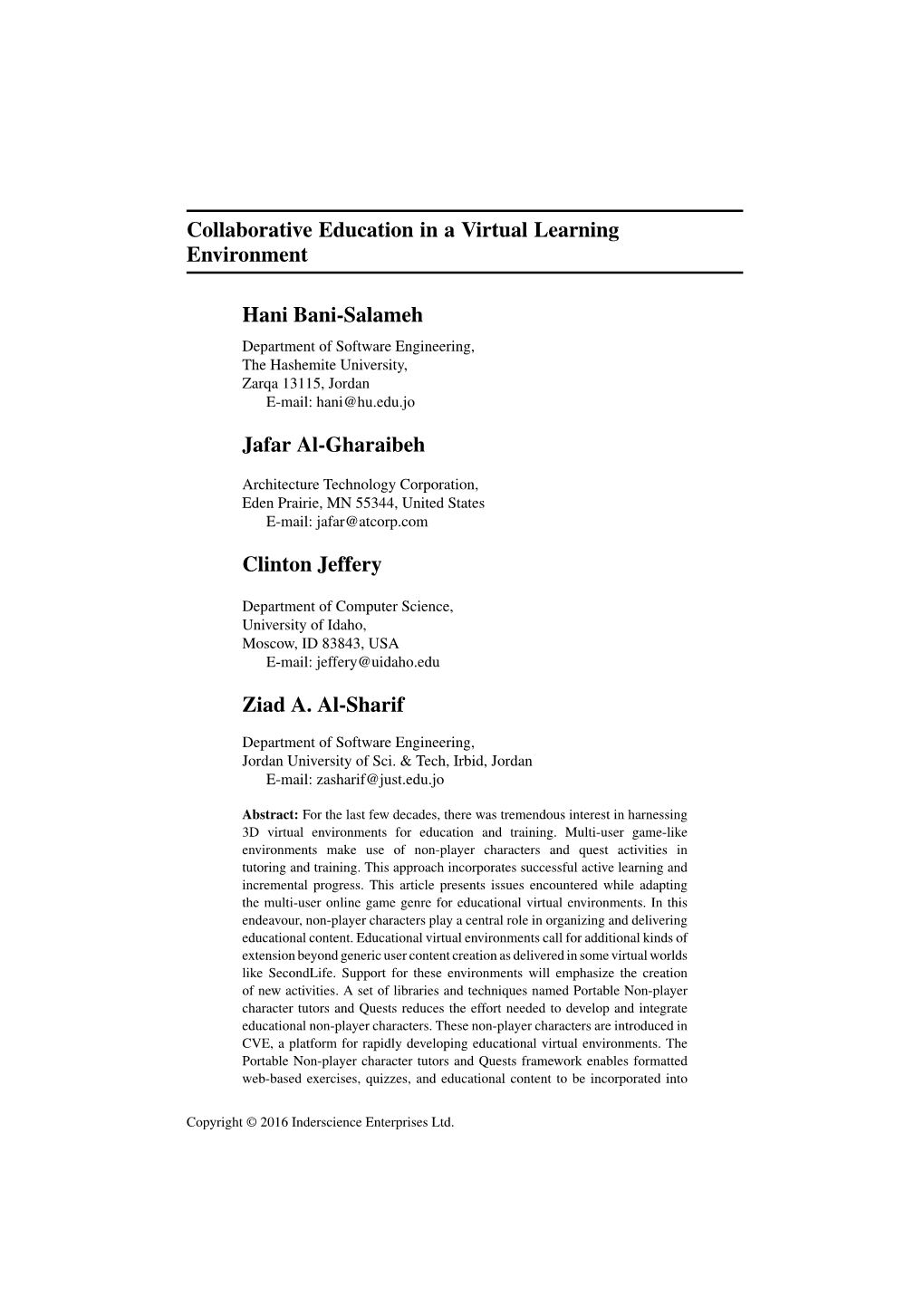 Collaborative Education in a Virtual Learning Environment Hani Bani