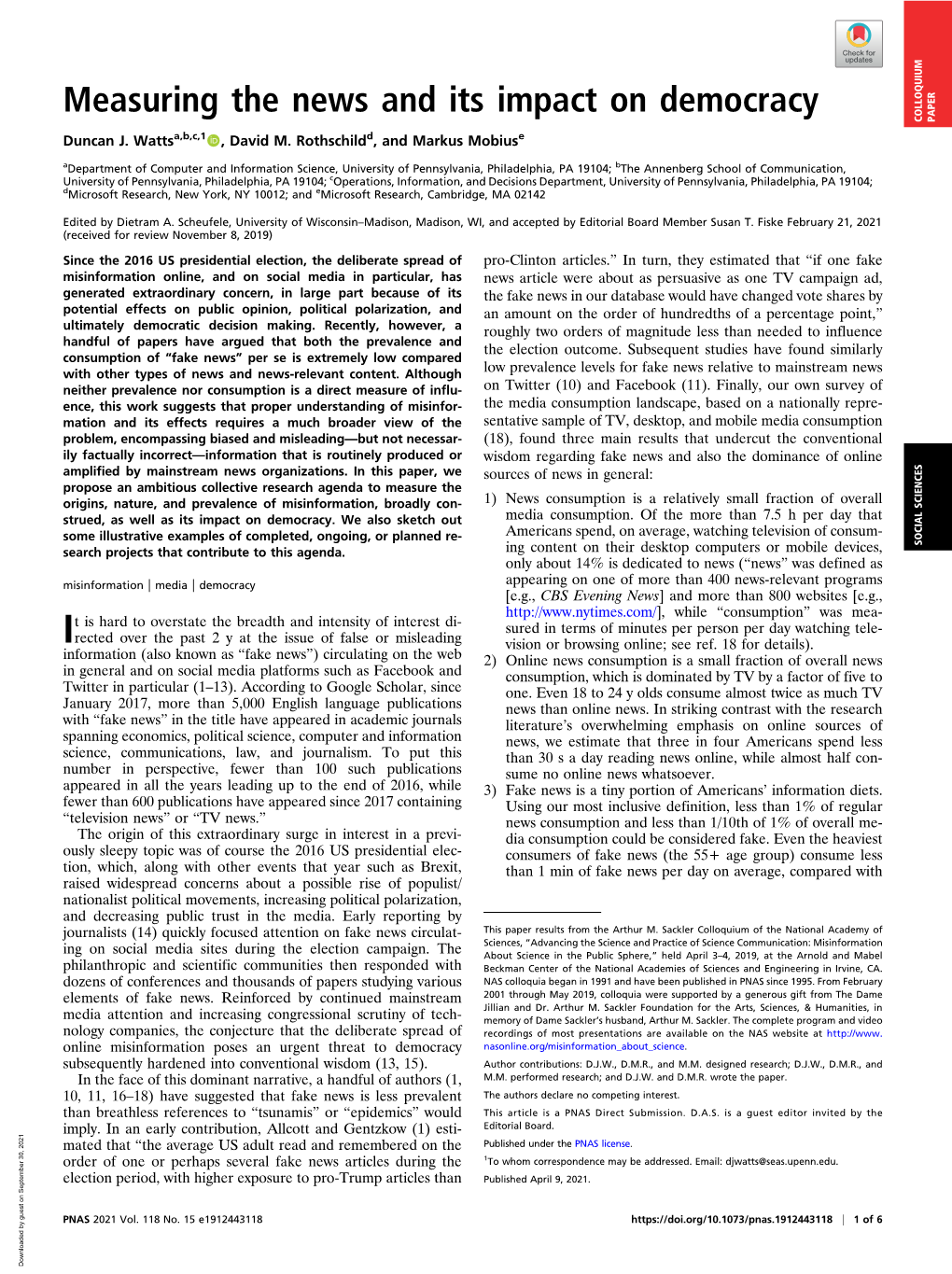 Measuring the News and Its Impact on Democracy COLLOQUIUM PAPER Duncan J