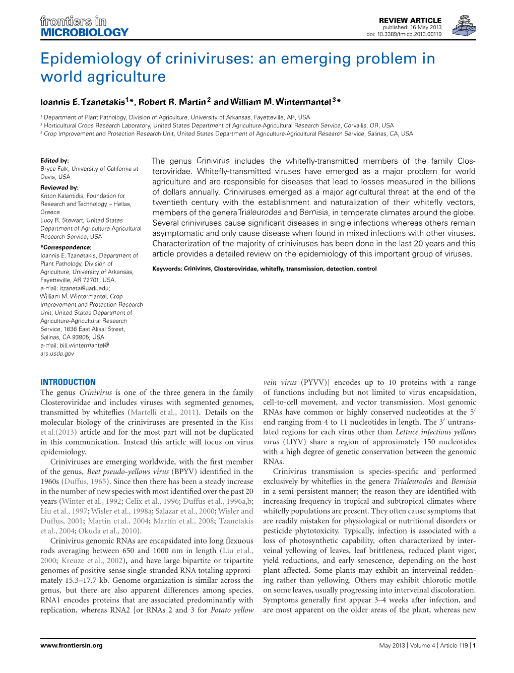 Epidemiology of Criniviruses: an Emerging Problem in World Agriculture