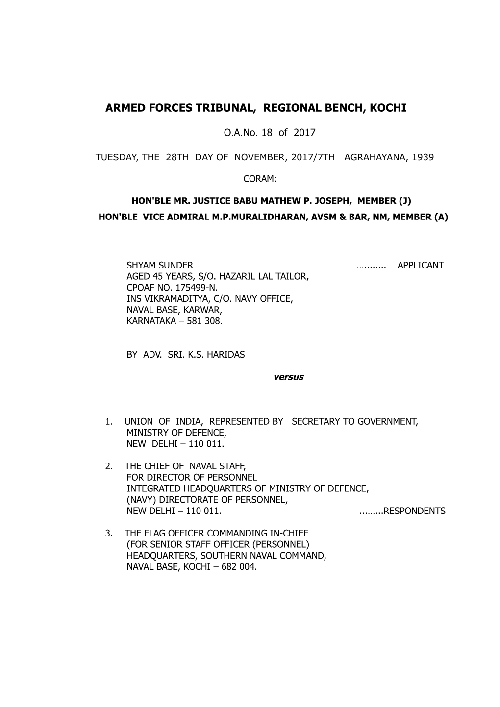 Armed Forces Tribunal, Regional Bench, Kochi