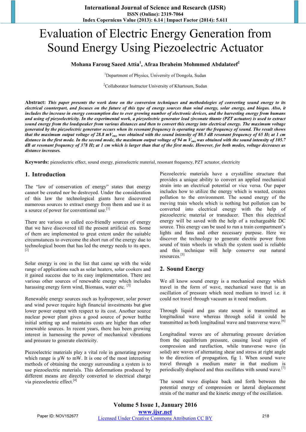 Evaluation of Electric Energy Generation from Sound Energy Using Piezoelectric Actuator