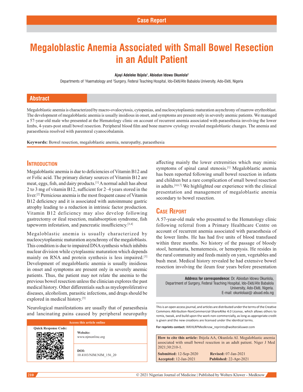 Megaloblastic Anemia Associated with Small Bowel Resection in an Adult Patient